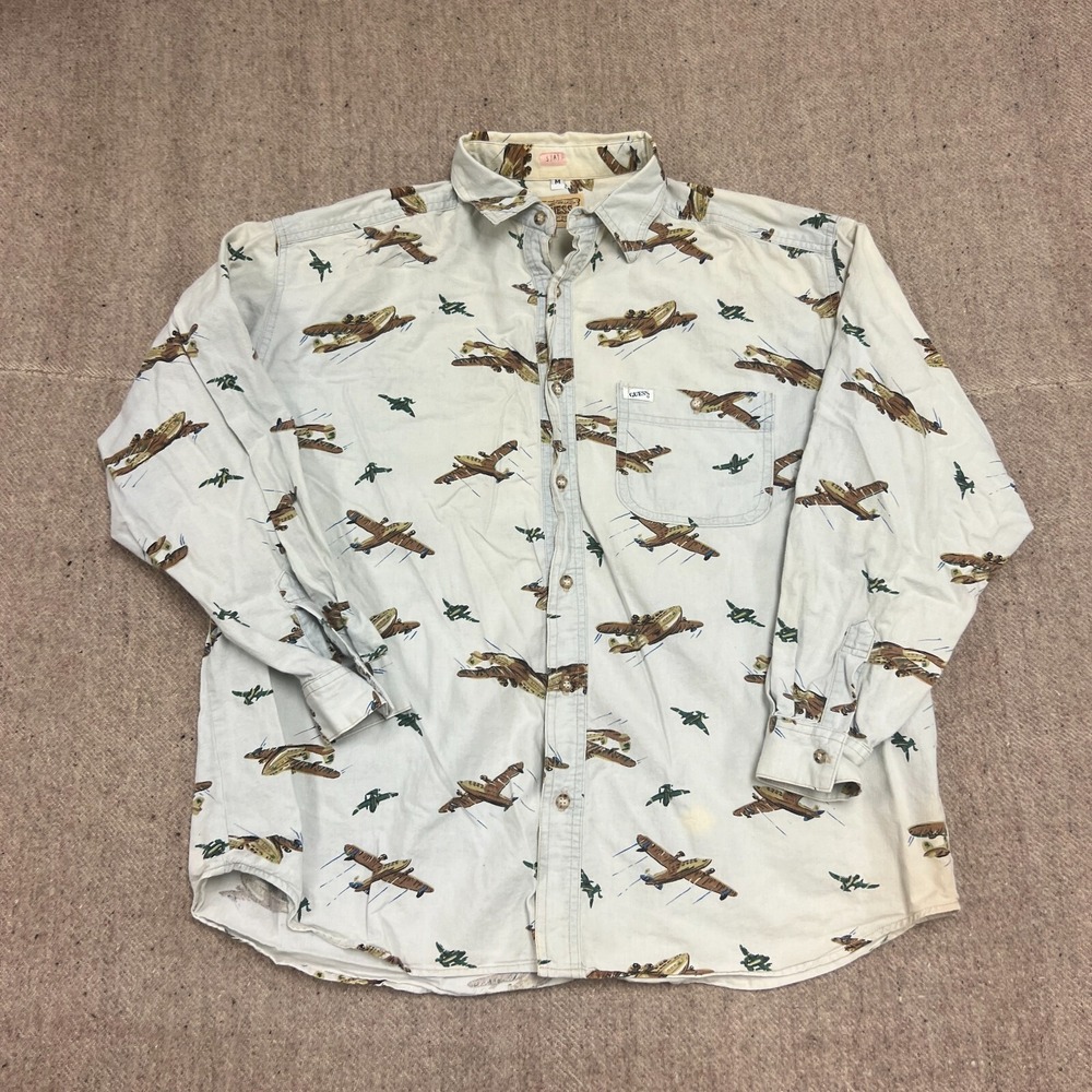 Vintage Guess Button Up‎ Shirt Mens Medium White 1990s Airplanes Western